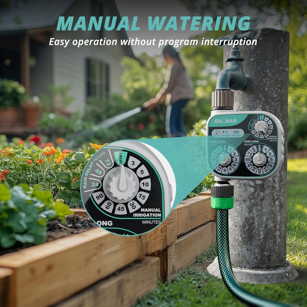 QUOBAS Mechanical Dial Hose Timer, Waterproof Sprinkler Timer with Rain Delay/Au