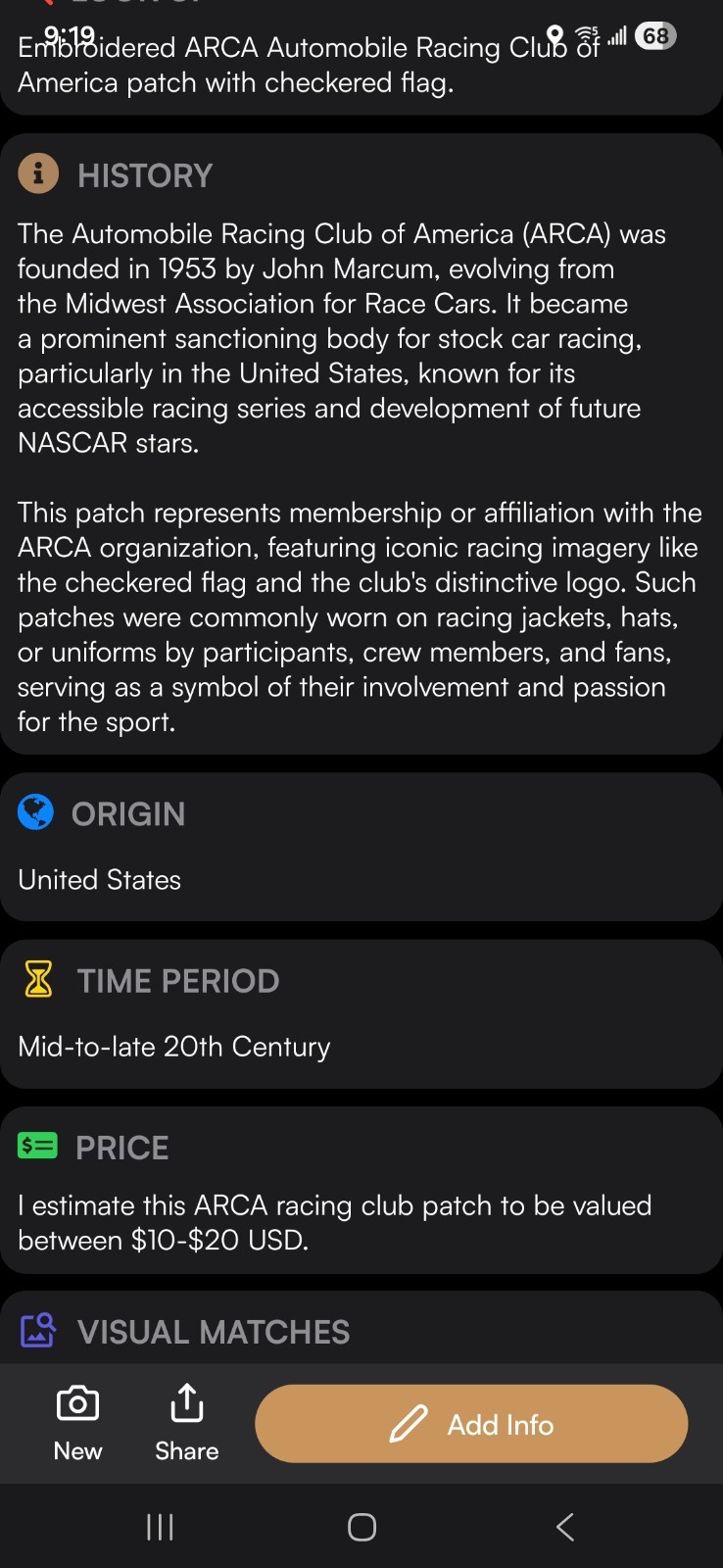 VINTAGE EMBROIDERED ARCA AUTOMOBILE RACING CLUB OF AMERICA PATCH W/CHECKERED FLA