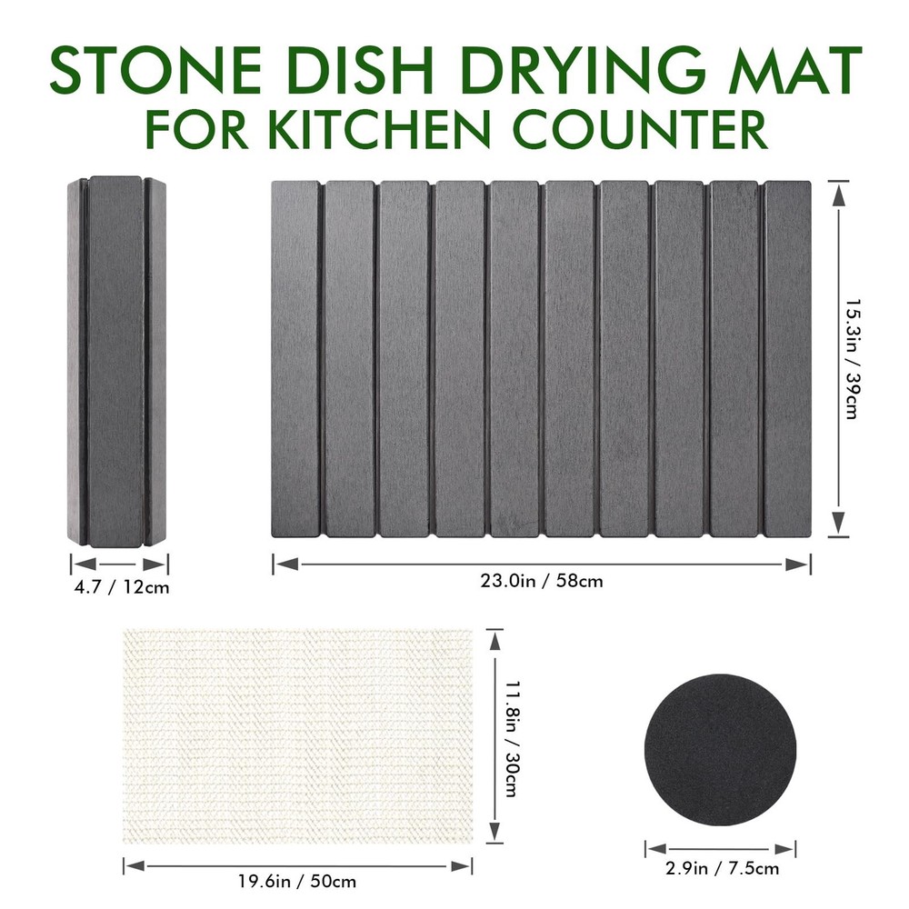 Stone Drying Mat for Kitchen Counter, Large Dark Gray Foldable Diatomaceous E...