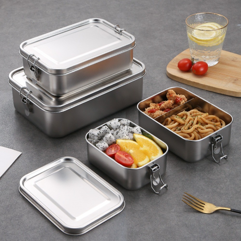 1xRectangular 304 Stainless Steel Lunch Box Separated Removable Partitions Food