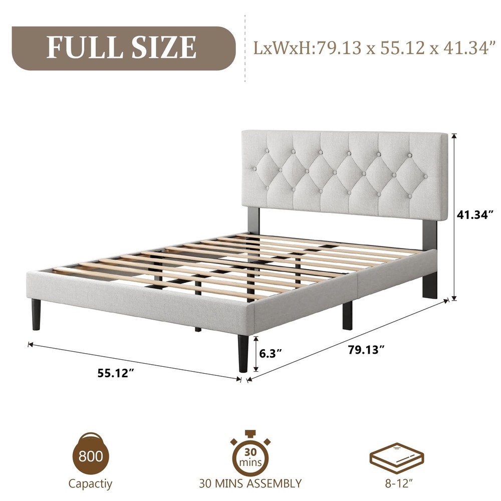 Full Size Platform Bed Frame with Upholstered Headboard, Button Tufted Design...