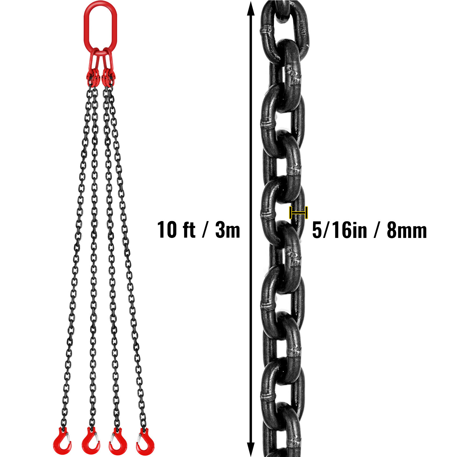 VEVOR 5/16"x10' Lifting Chain Sling G80 11023lbs 5Ton w/ 4 Legs ＆ Grab Hooks