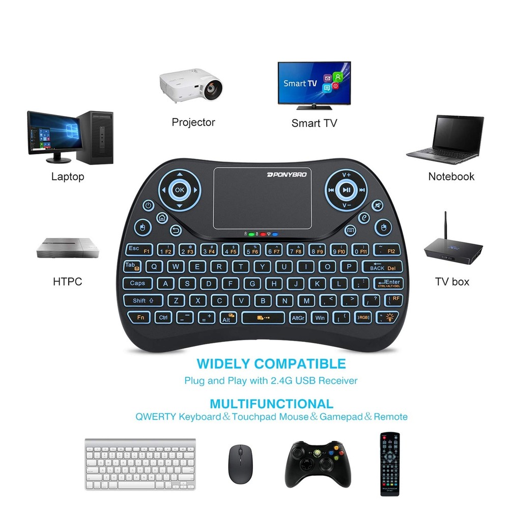 PONYBRO (Newest Version) Backlit Mini Wireless Keyboard with Touchpad Mouse