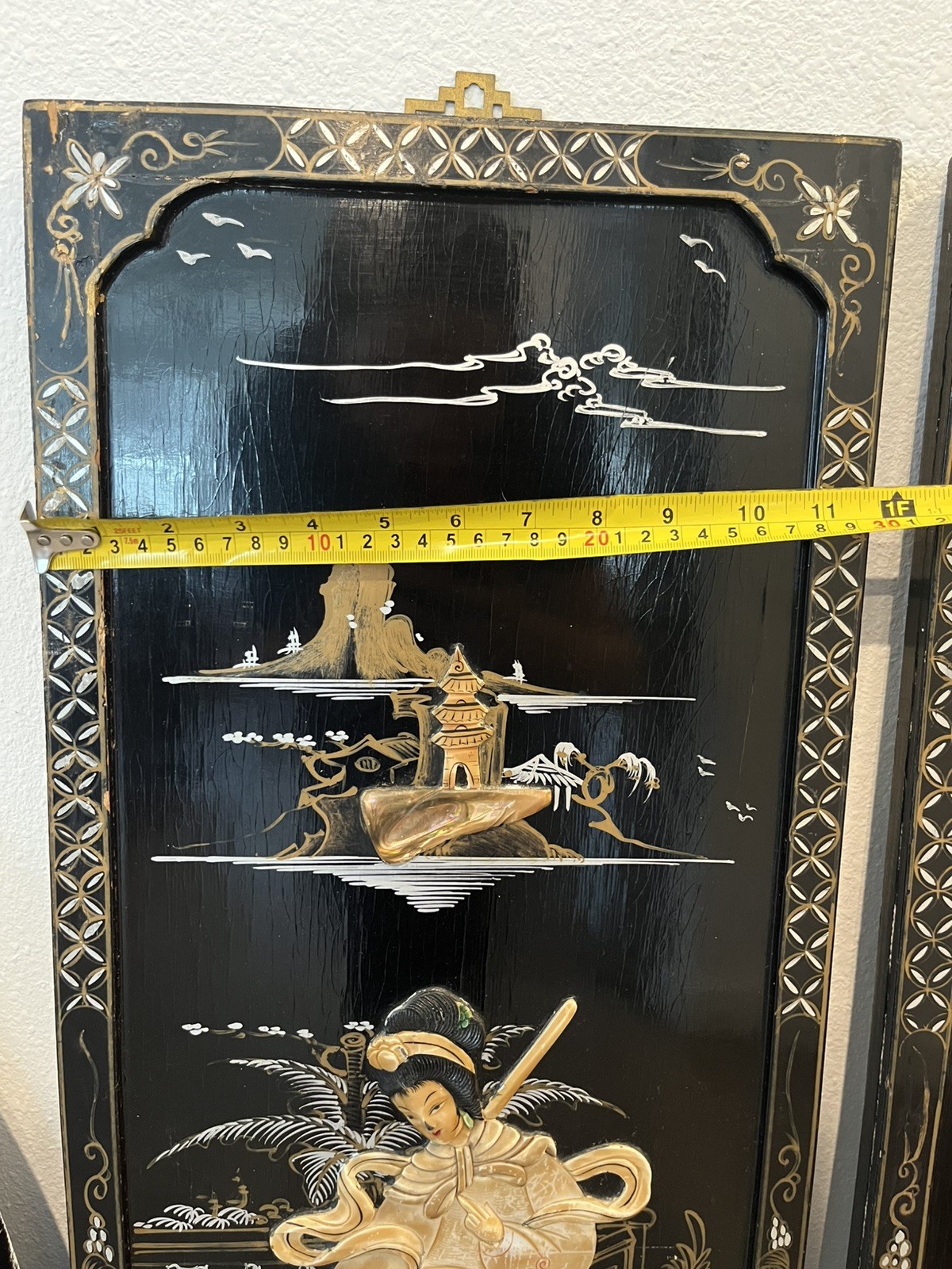 VTG 5 Asian Oriental BLACK Lacquer Mother of Pearl Wall Panels 36H x 11,5W, 30”