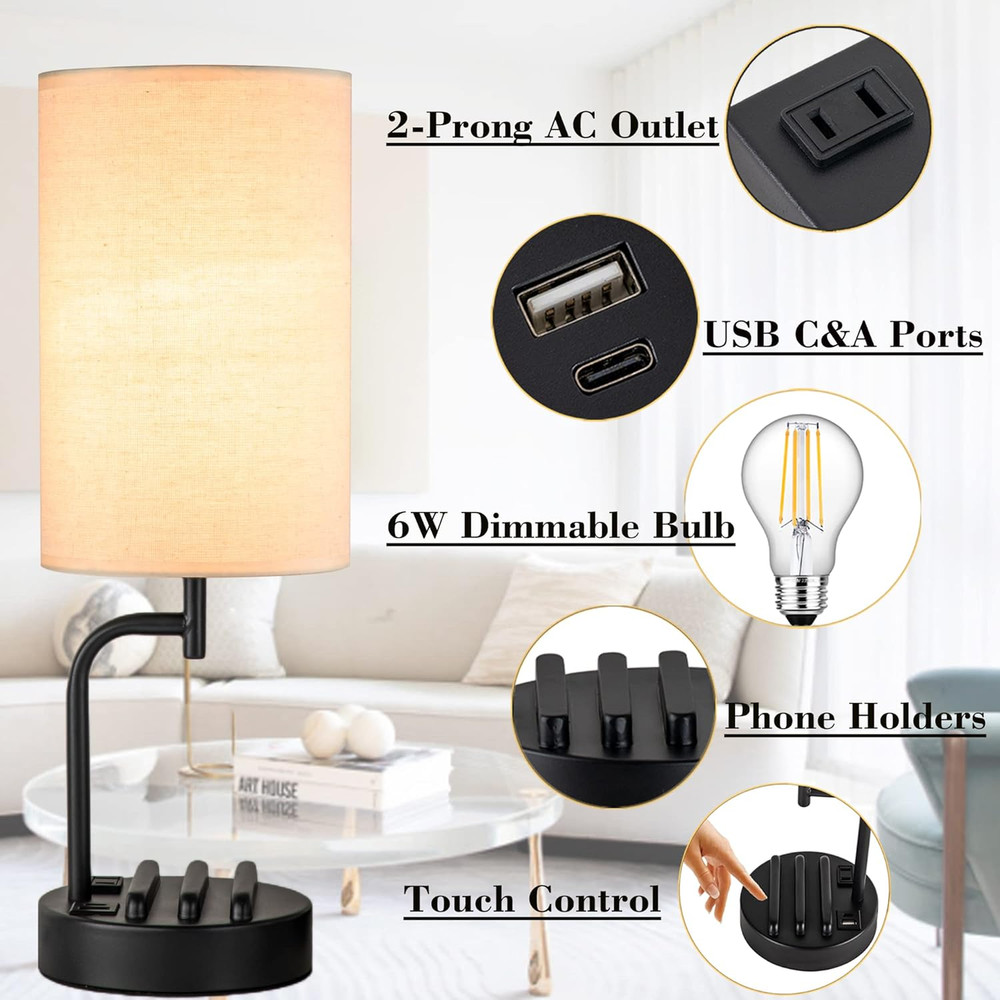 Touch Control USB Table Lamp, Upgraded 3-Way Dimmable Bedside Desk Lamp with USB