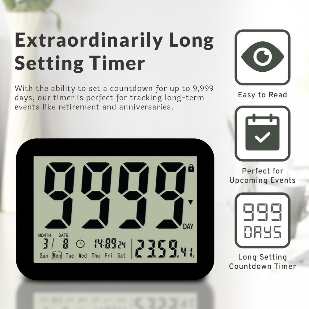 9999 Days Countdown Clock - Reusable Count Down Timer - Large Display LCD Dig...