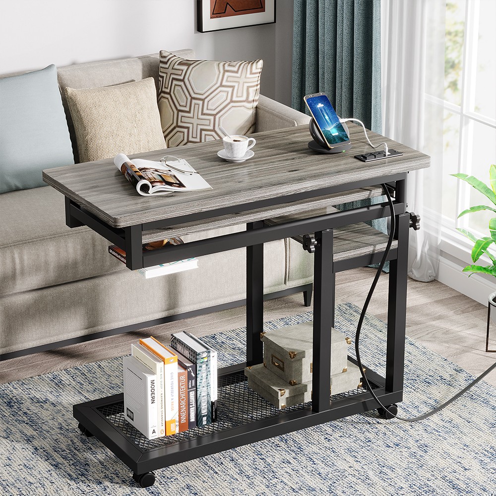 Small Portable Computer Desk with Power Outlet, Height Adjustable Laptop Table