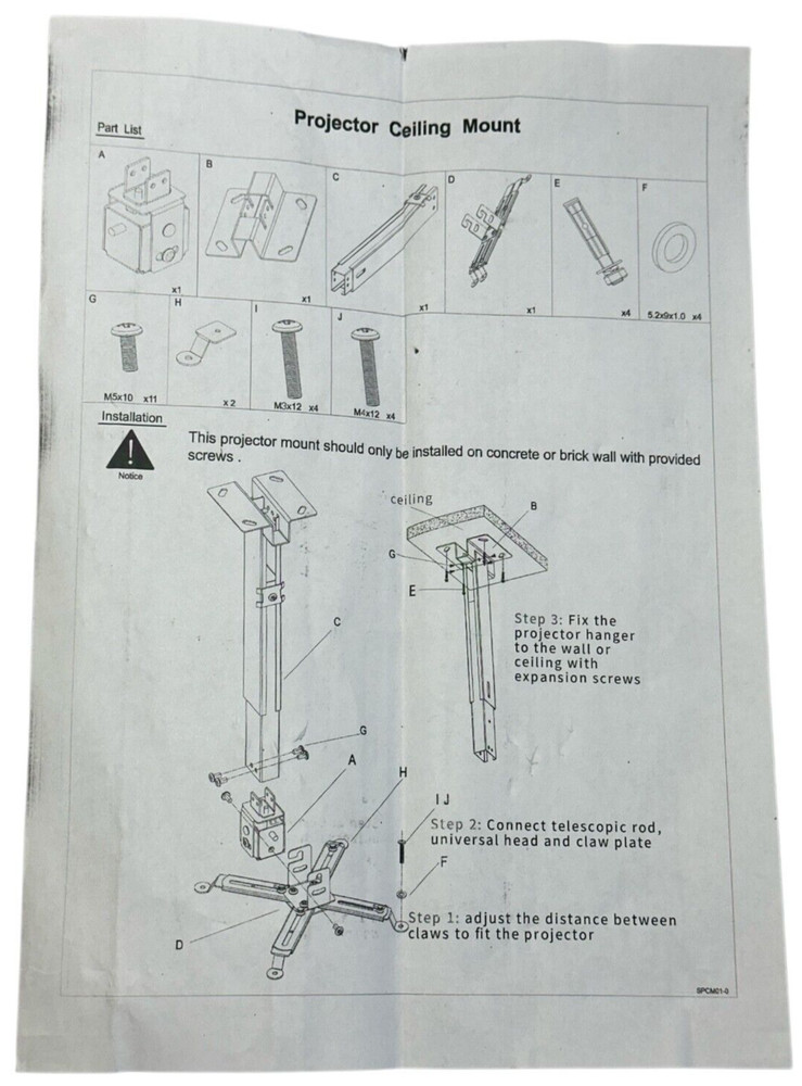 New PRJCM3 Universal Projector Ceiling Mount Kit Telescoping Height (Black)