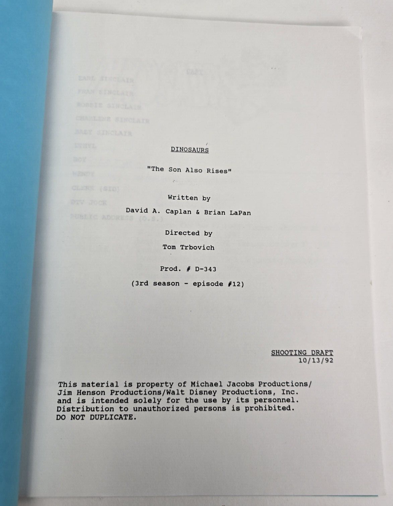 DINOSAURS / Dave Caplan 1992 TV Script, Jim Henson "The Son Also Rises"