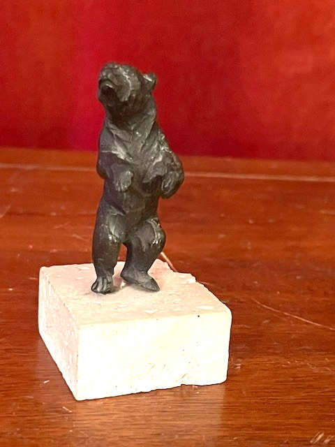 Vintage Small Bronze Bear Statue On Stone Base