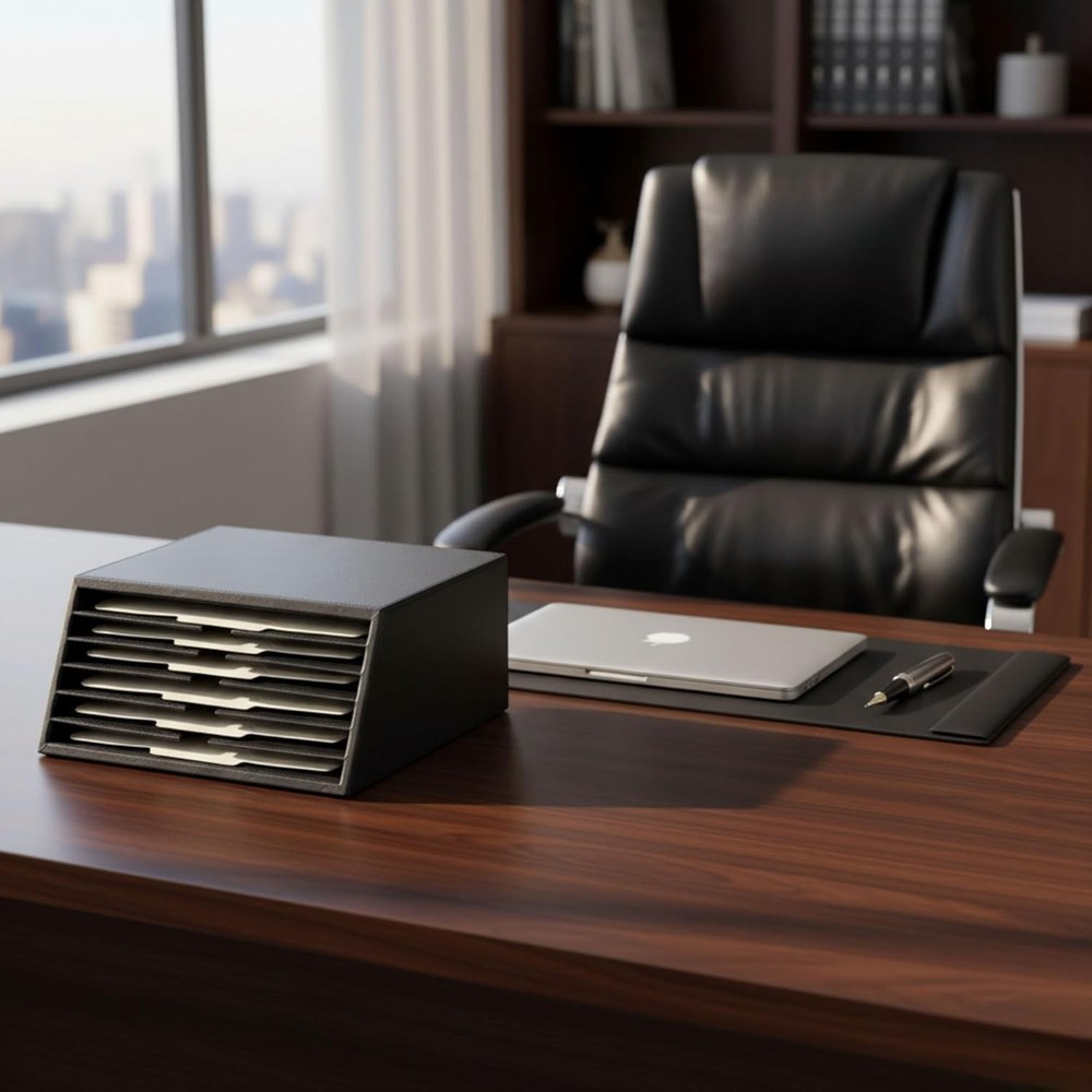 Black Leather 6-Tray File Sorter