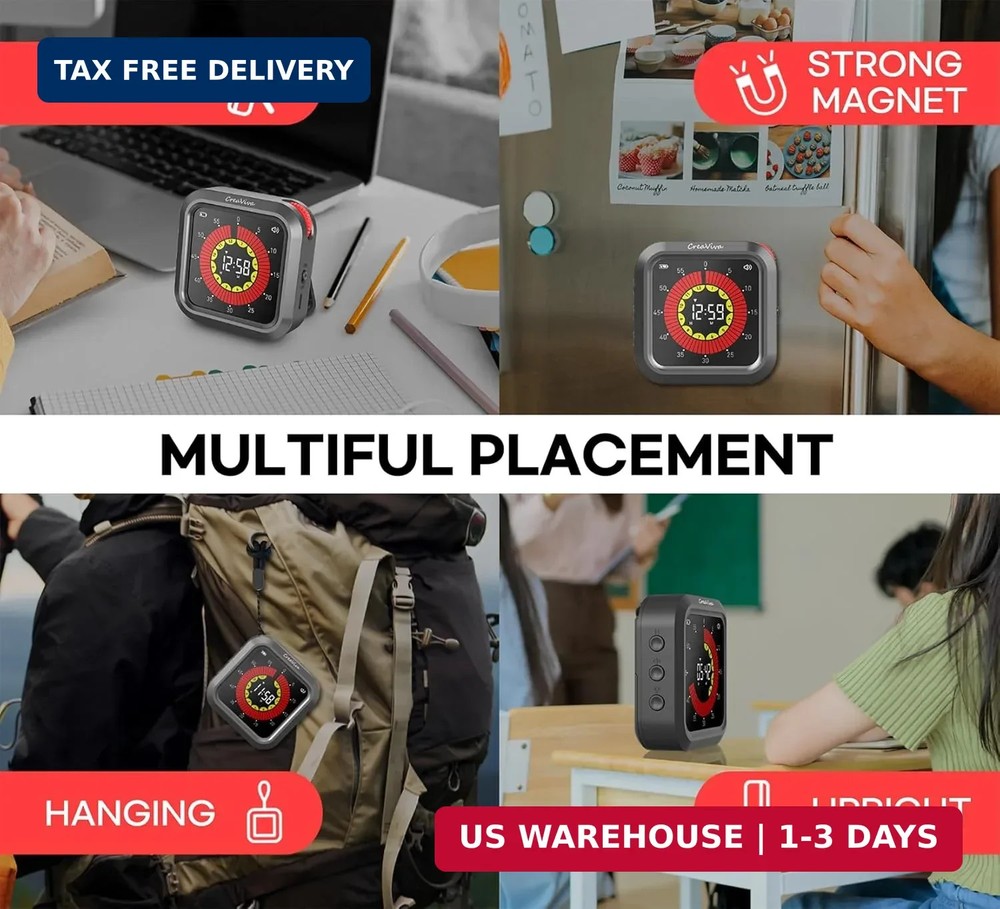 Visual Digital Timer, Large Color Display & Rechargeable, Magnetic Back & Silent