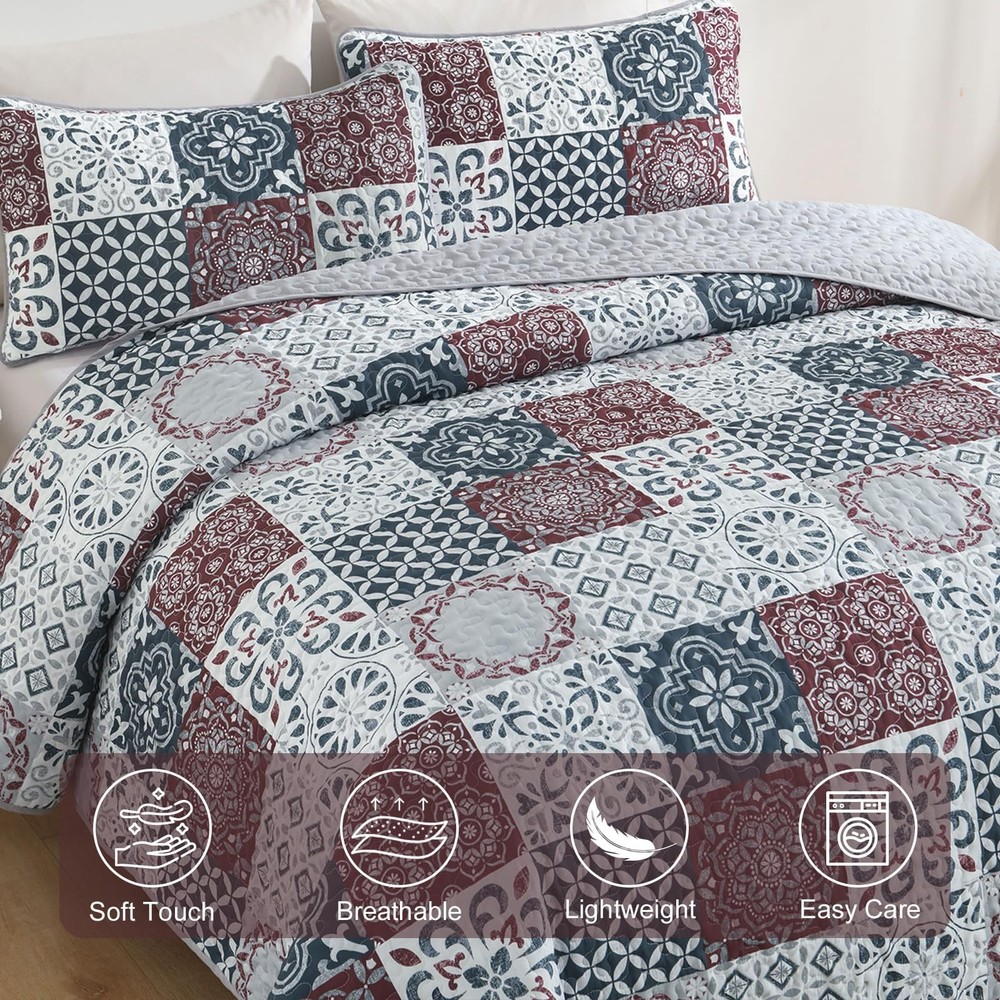 Dobuyly Patchwork Quilt Set Queen Size Boho Plaid Bedspread Queen, Red Grey