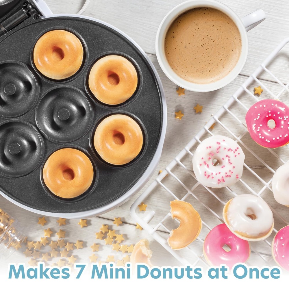 Mini Donut Maker- Electric NonStick Surface Makes 7 Small Doughnuts- Decorate...