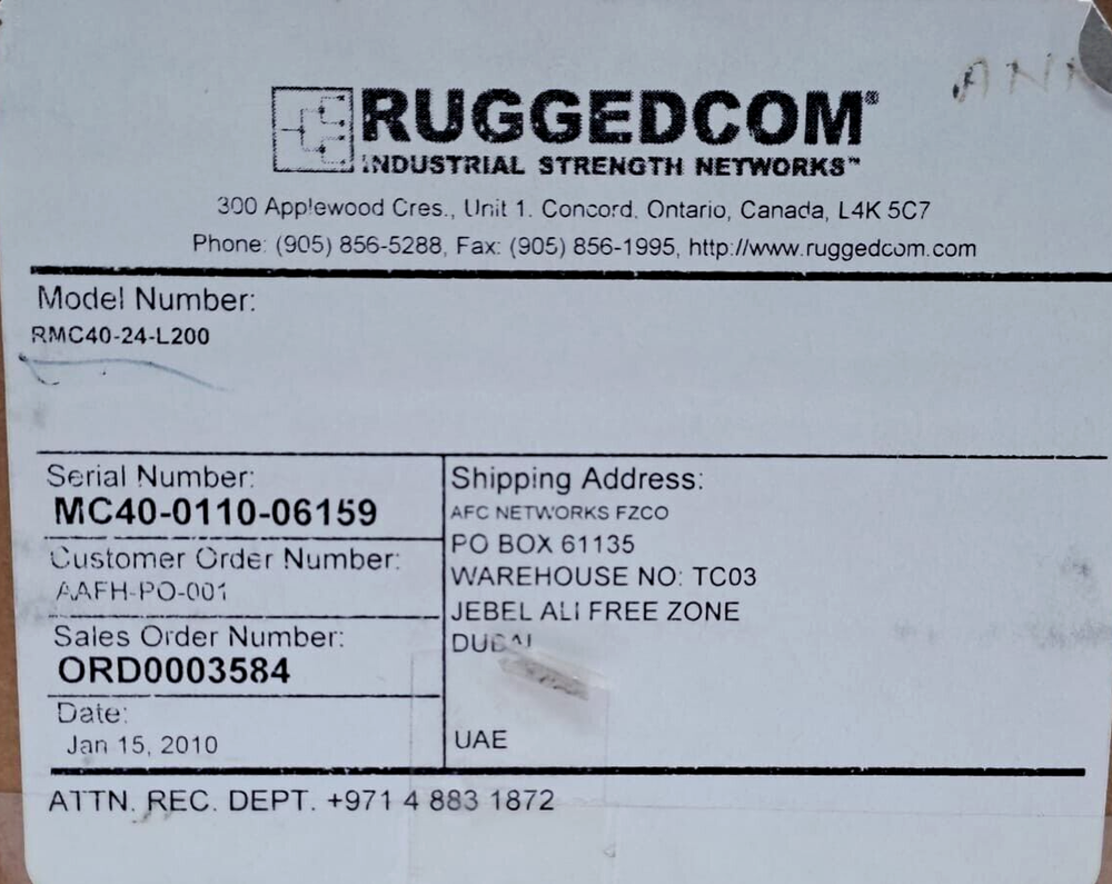 RUGGEDCOM AFC-RMC40-24-L200 ETHERNET SWITCH INDUSTRIAL STRENGTH NETWORKS
