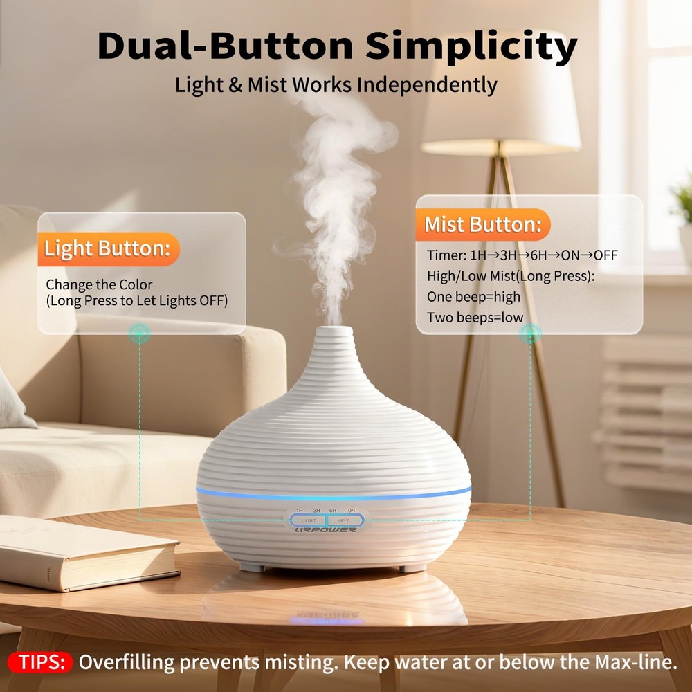 URPOWER 300ml Sleep Diffuser for Bedroom, All-Night Essential Striped White