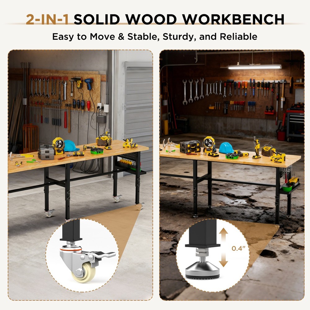 96" Adjustable Workbench with Side Pegboard Garage Work Table with Storage Box