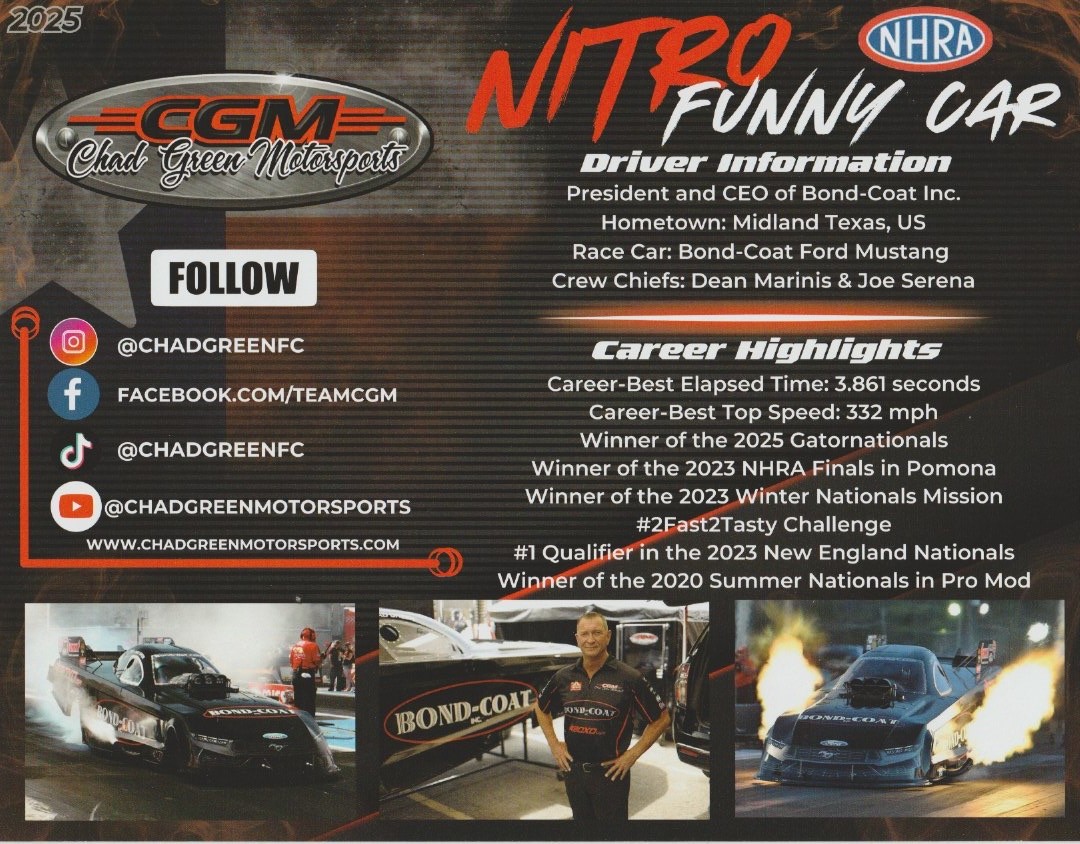 2025 Chad Green Bond-Coat Ford Mustang Funny Car NHRA Hero Card