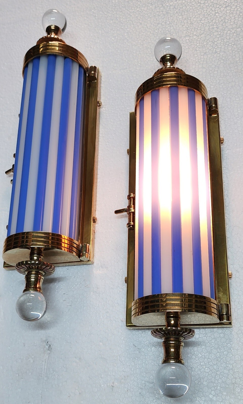 PAIR ANTIQUE VINTAGE ART DECO METRO LIGHT BRASS CASE BLUE ROD WALL SCONCES LAMP