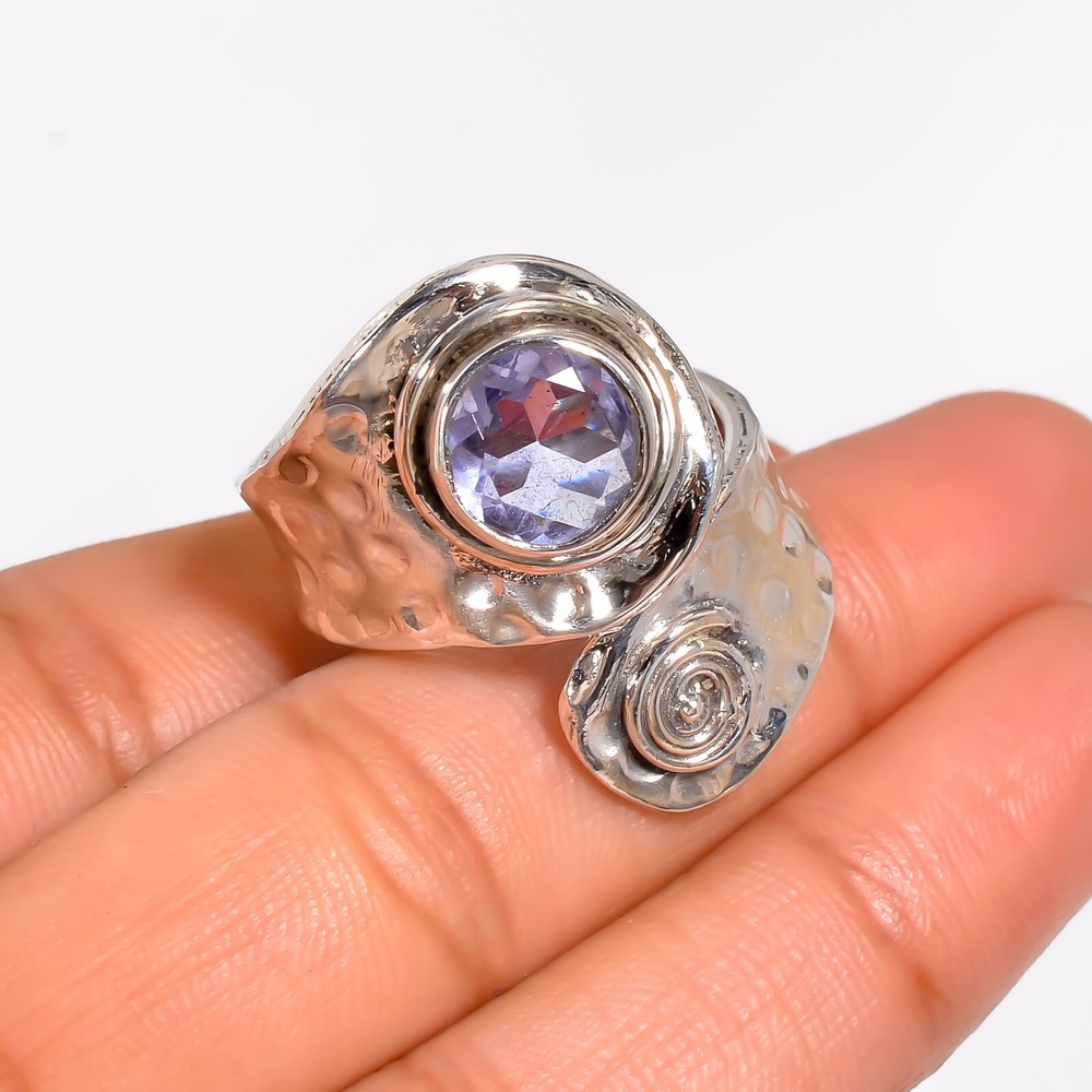 Light Purple Amethyst Cut Stone 925 Sterling Silver Hammered Adjustable Ring