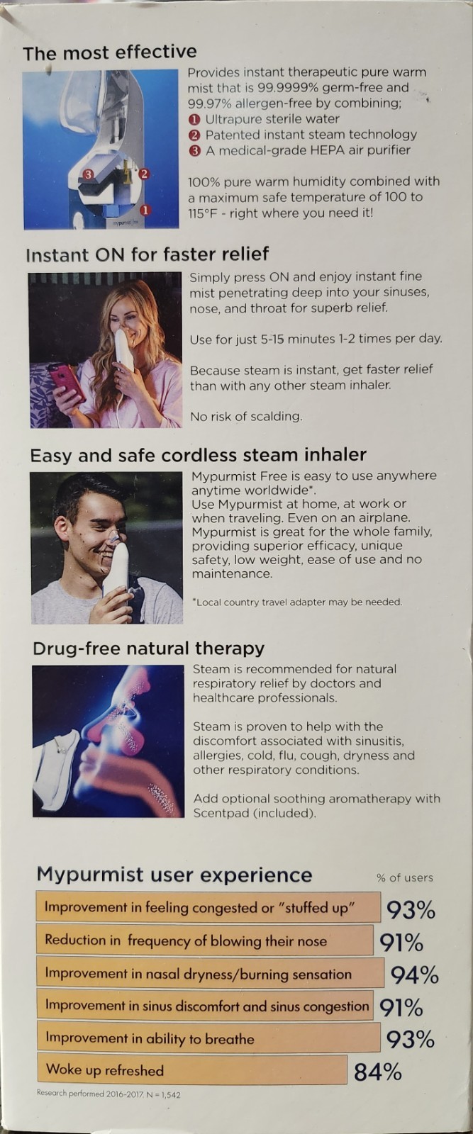 Mypurmist Free Ultrapure Handheld Personal Steam Inhaler (Cordless) - New