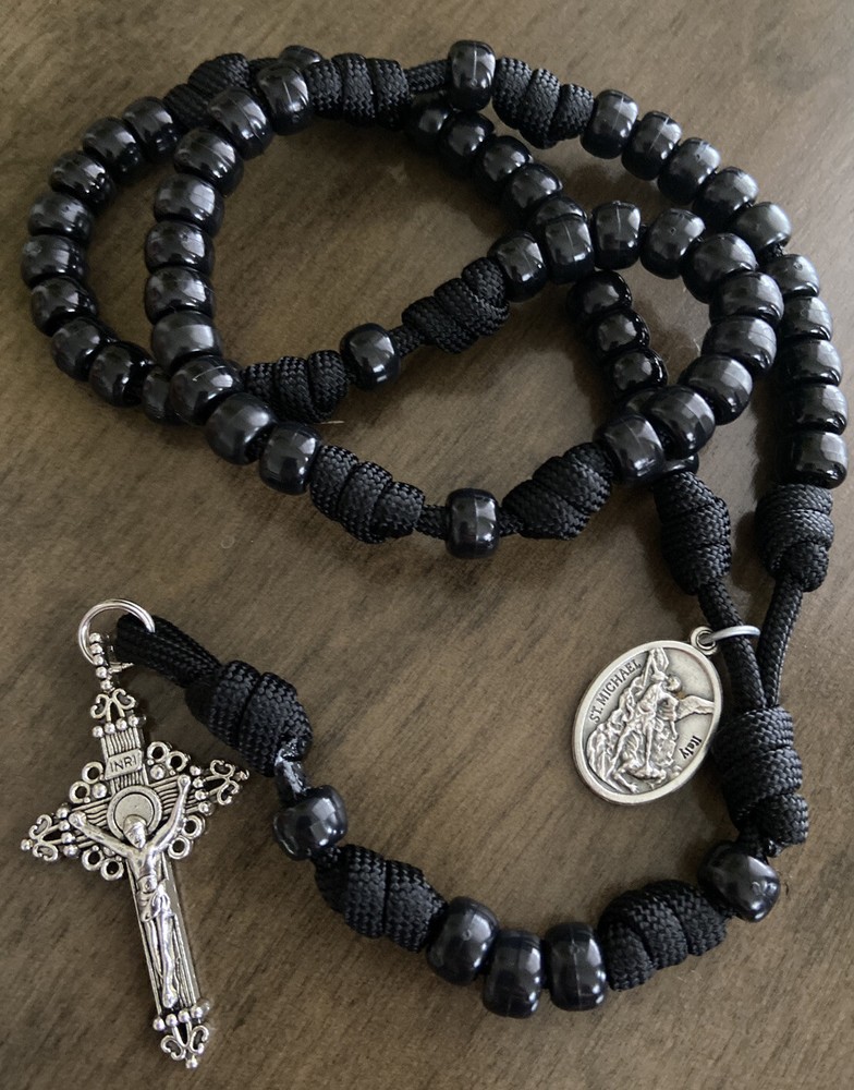 St. Michael Catholic Rosary- Paracord Rosary- Black Beads Rosary - Handmade