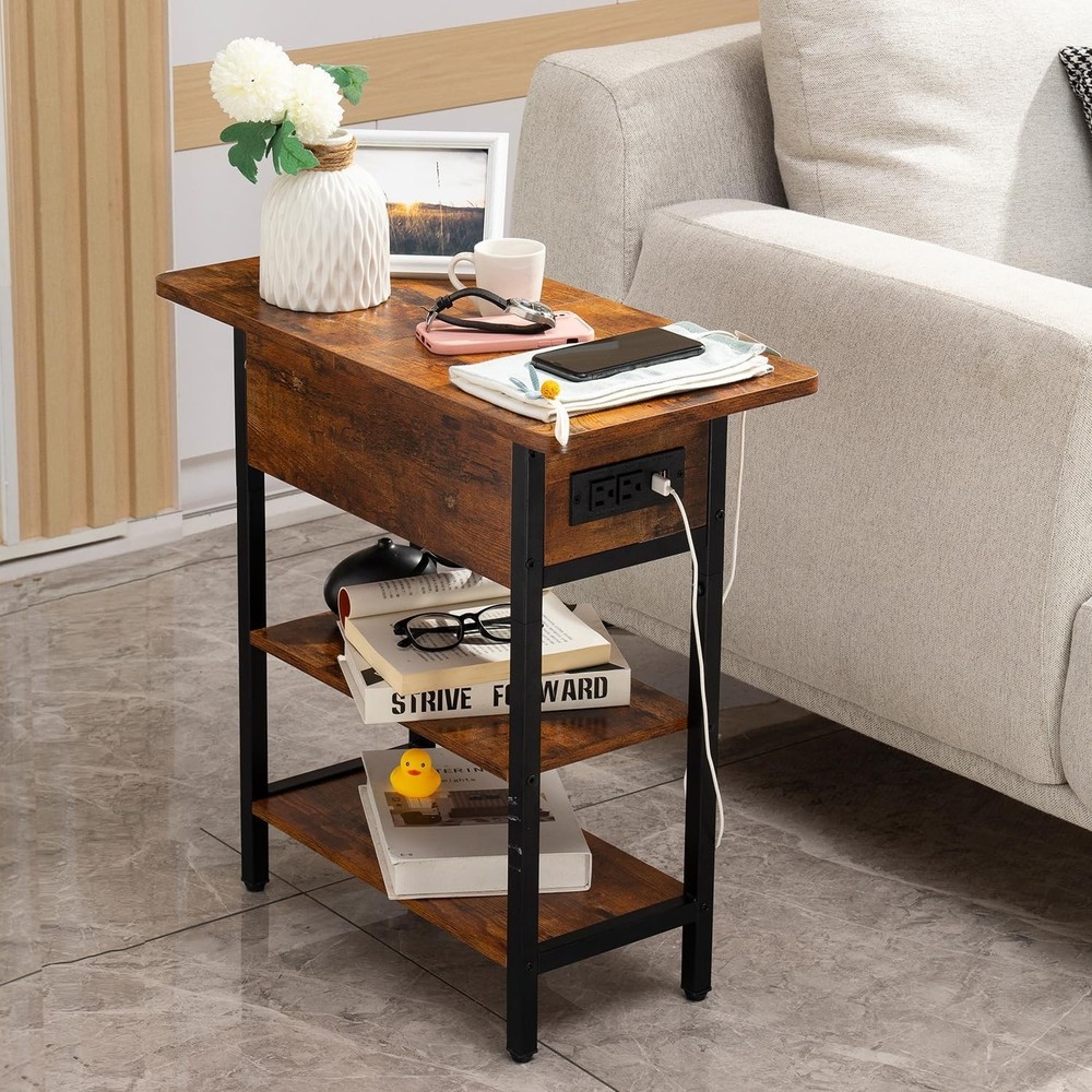 End Table w/Charging Station Flip Top Side Table Sofa Couch Table Bedside Table
