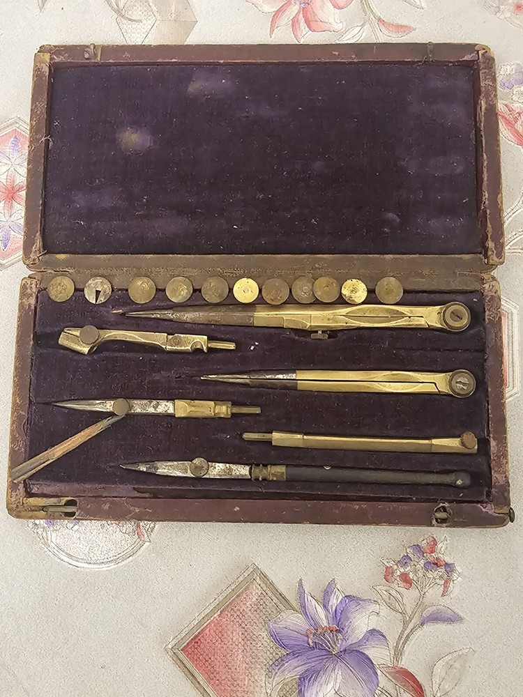 antique Victorian Drafting Compass Tools Wooden Box