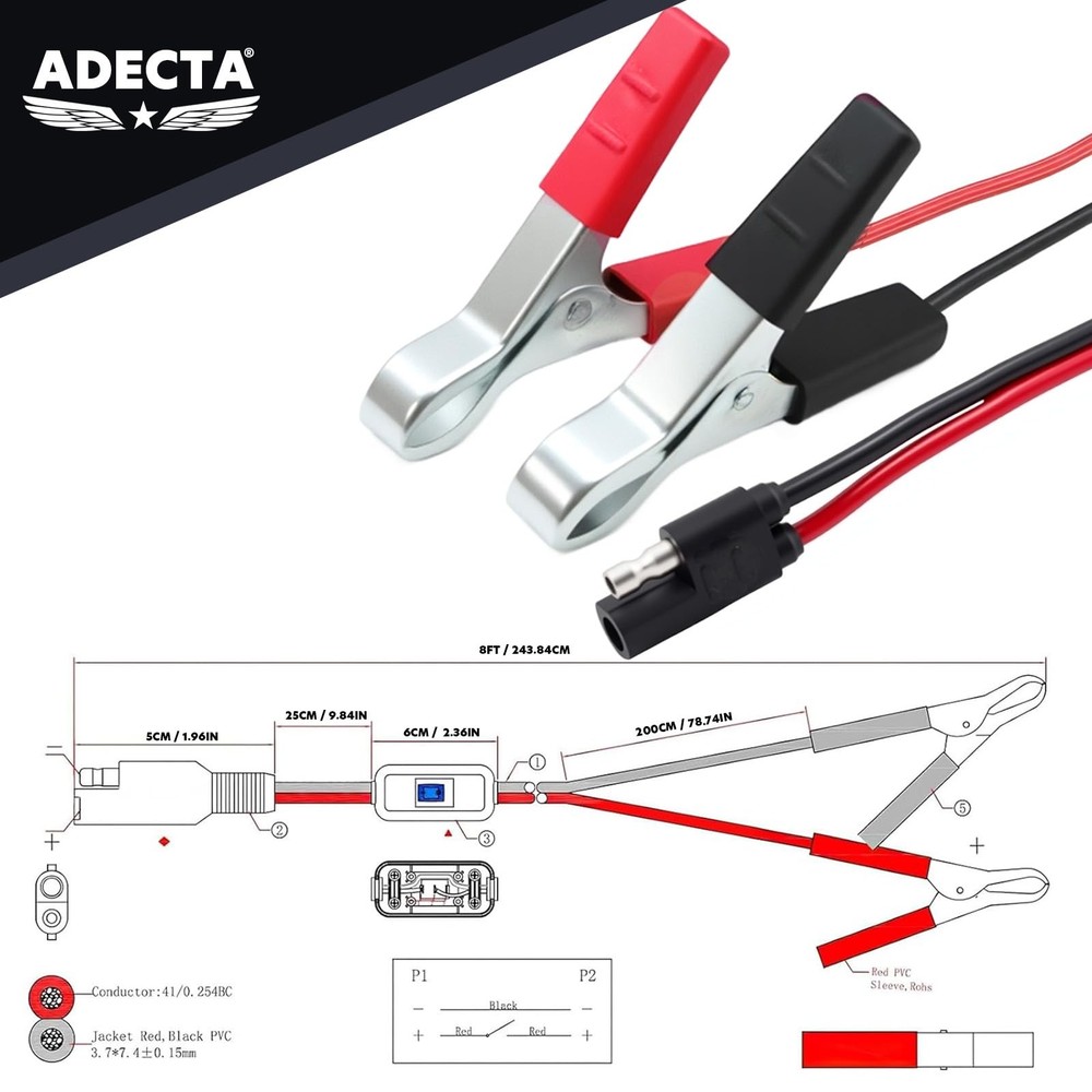8ft 16AWG SAE Wire Harness with Inline Switch Alligator Clips for Sprayers