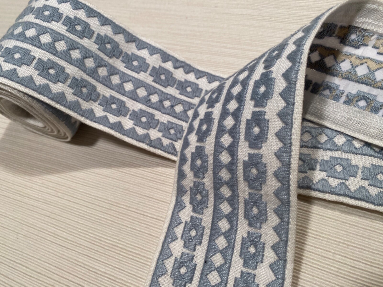 SCHUMACHER 79920 Talitha Tape Sky 85% Linen Embroidered Passementerie Trim BTY