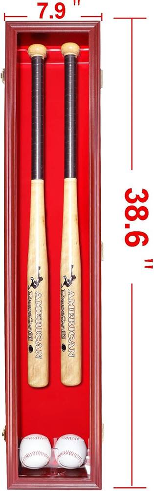 2 Baseball Bat Display Case Wall Mount - Vertical/Horizontal Cherry Wood Frame W