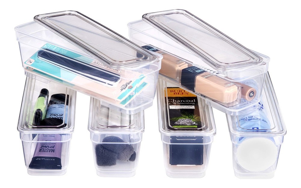 6 Bin Pack, Long Home Organizer Storage Boxes with Lids, Translucent Clear