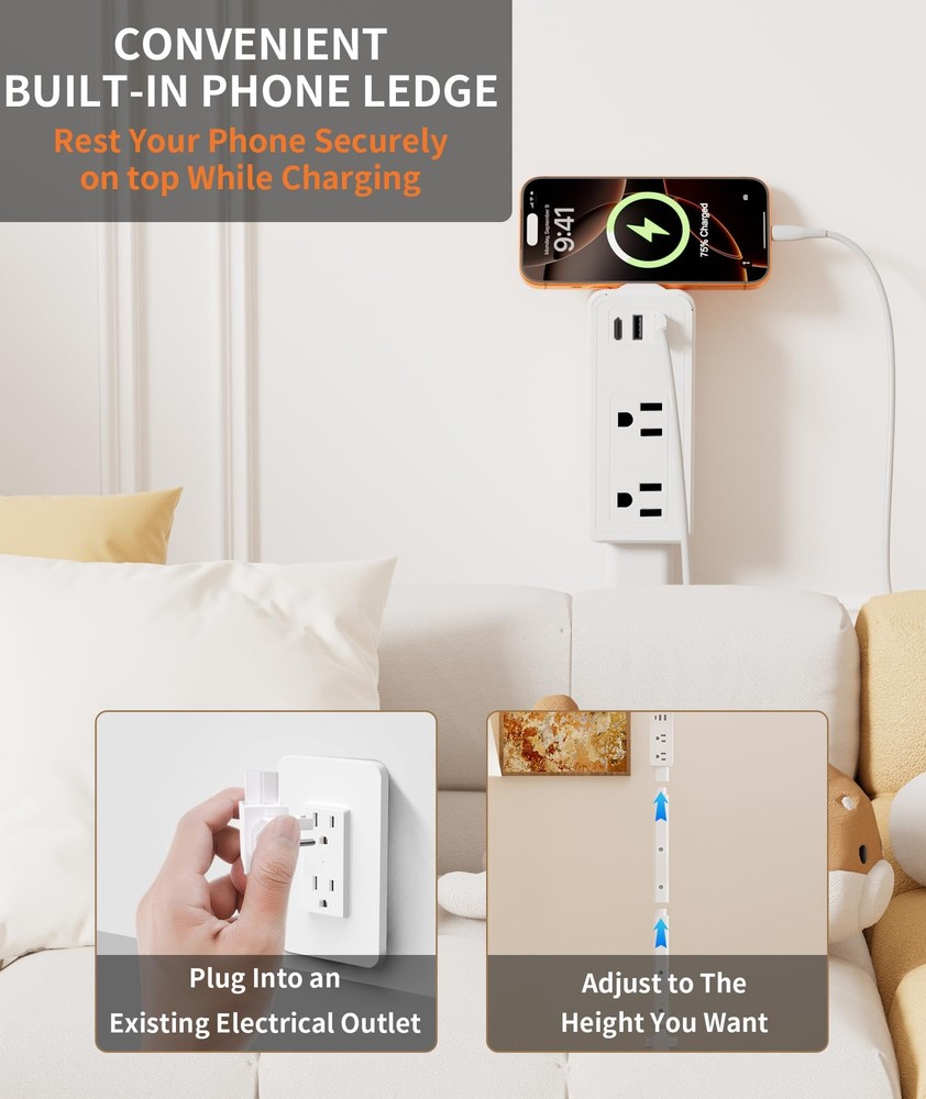 Electrical Outlet Extender Stick Features 2 USB-A, USB-C and 2 AC Outlets, Exten