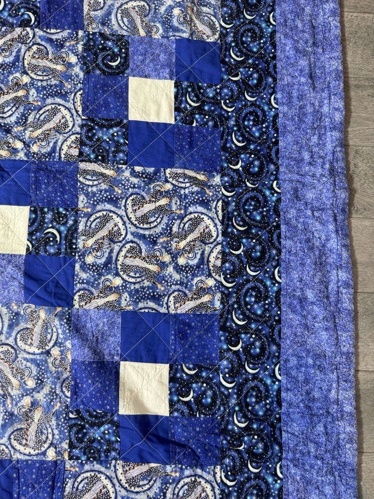Handmade Modern Quilt Blue Celestial Wizard 9 Square Flannel Back Queen Signed