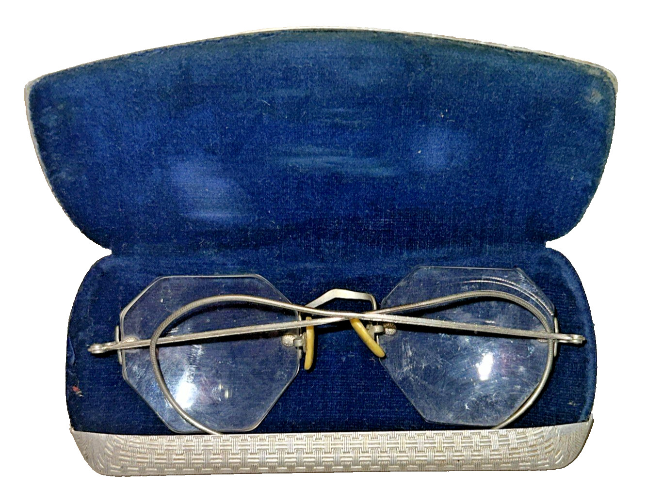 antique octagonal rimless eyeglasses silver tone basket weave metal case