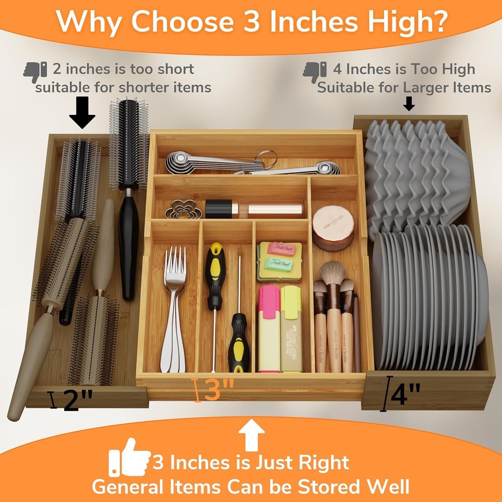 Elegant Bamboo Silverware Organizer - 3" Deep, 8-Cmp Multi-Functional Design