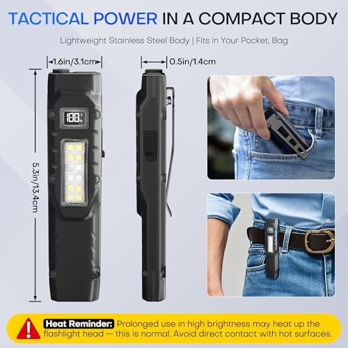 EDC Tactical Flashlight, Flat Flashlights Rechargeable,Dual Black (White Light）
