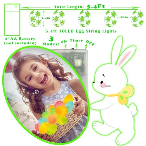 Easter Day Light String Lights Battery Operated with Timer 5.4Ft 10LED Egg