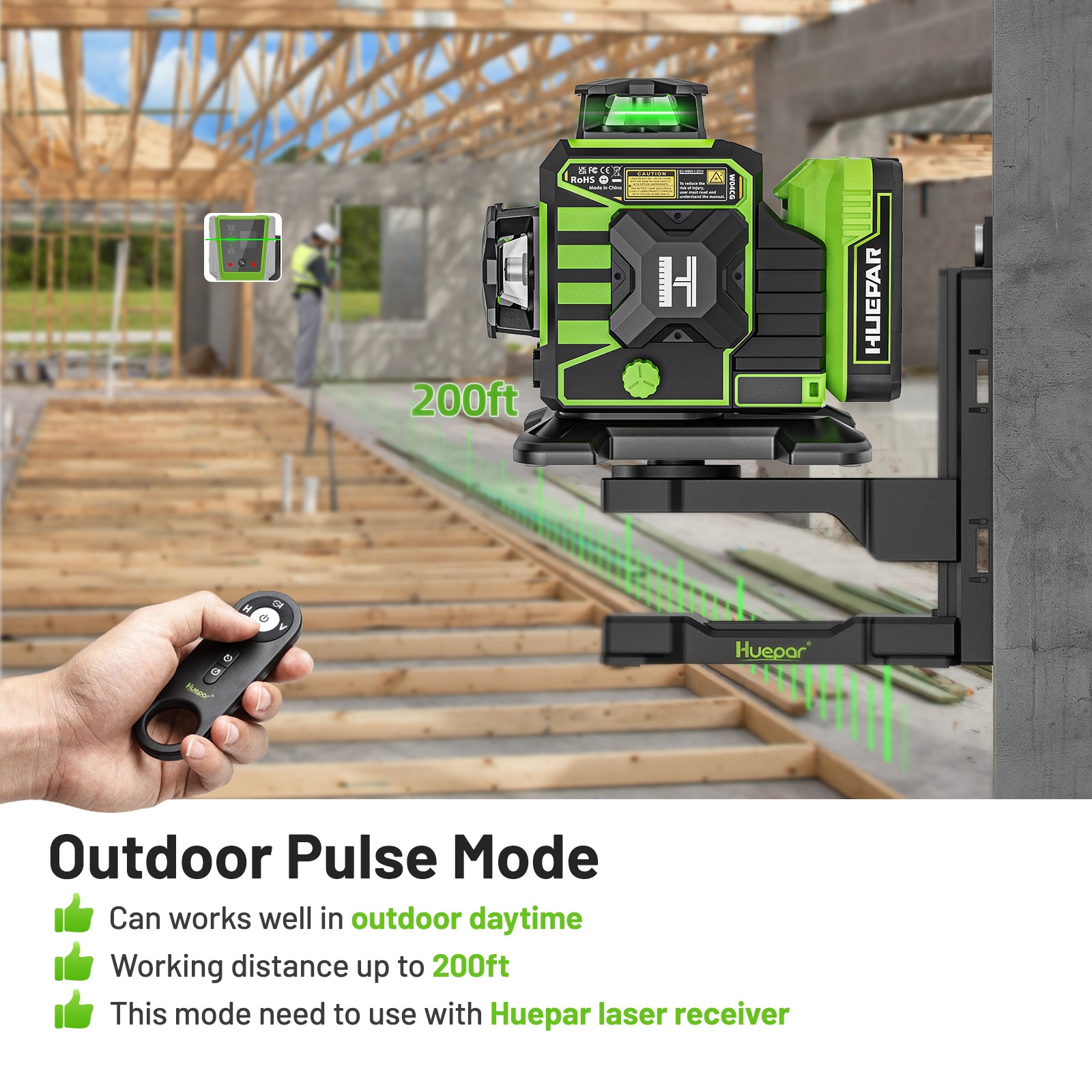 Huepar 3x360° Green Cross Line Bluetoothed Laser Level with Large LCD Screen