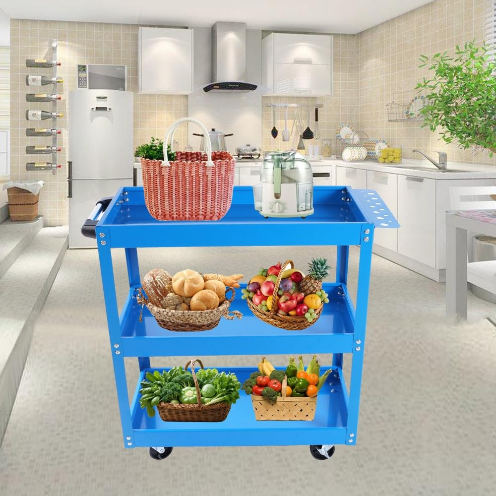 3 Tier Blue Rolling Mechanic Tool Cart on Wheels, 450 LBS Heavy Duty Steel