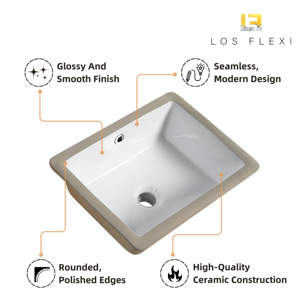 16" x12" Undermount Bathroom Sink Rectangular, White Ceramic With Overflow