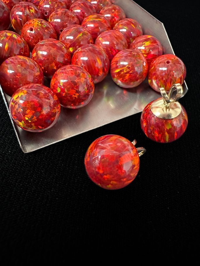 Half Drilled Red Synthetic Lab Created Opal Round Beads