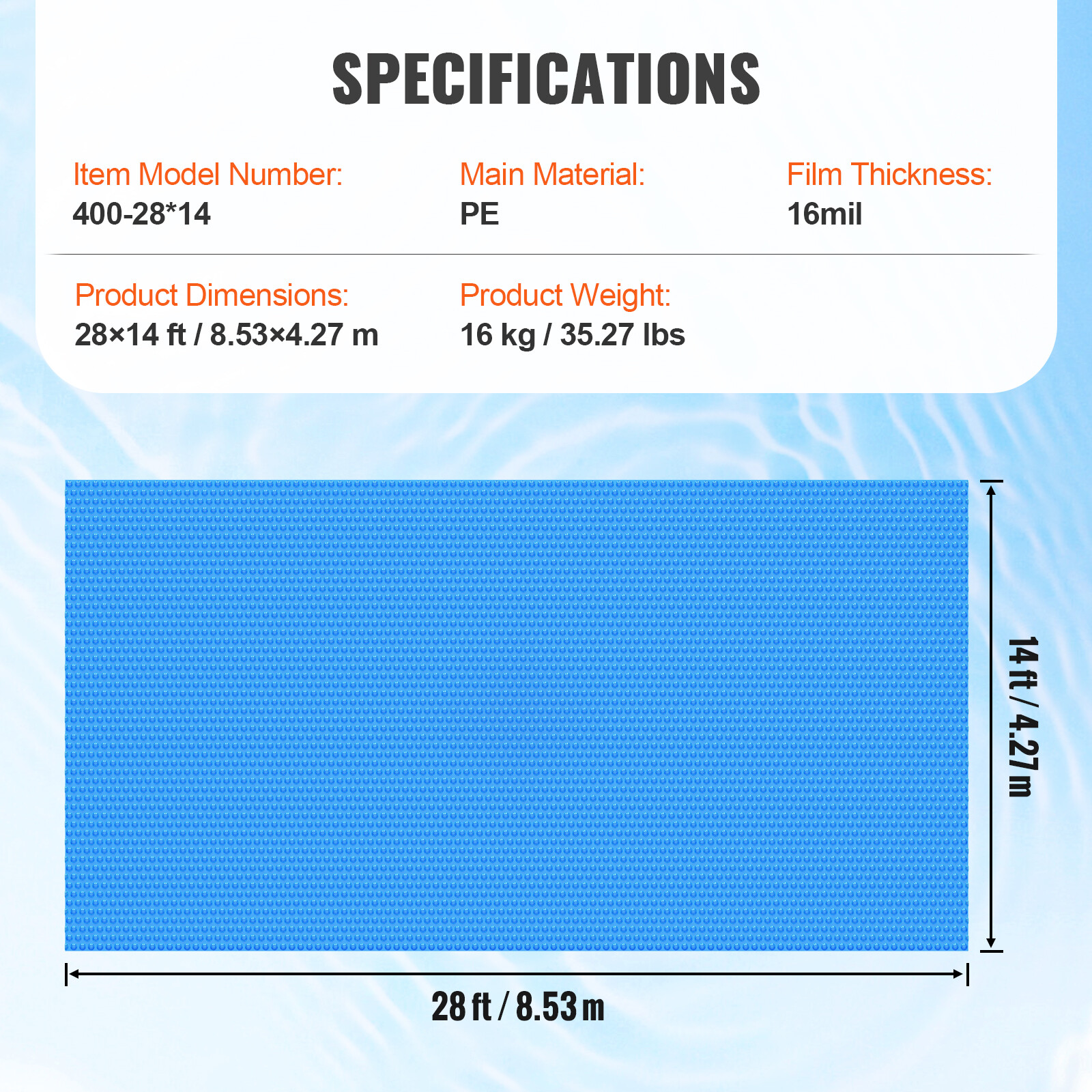 VEVOR Solar Pool Cover 28x14 ft Inground Above Ground Pools Solar Blanket 16 mil