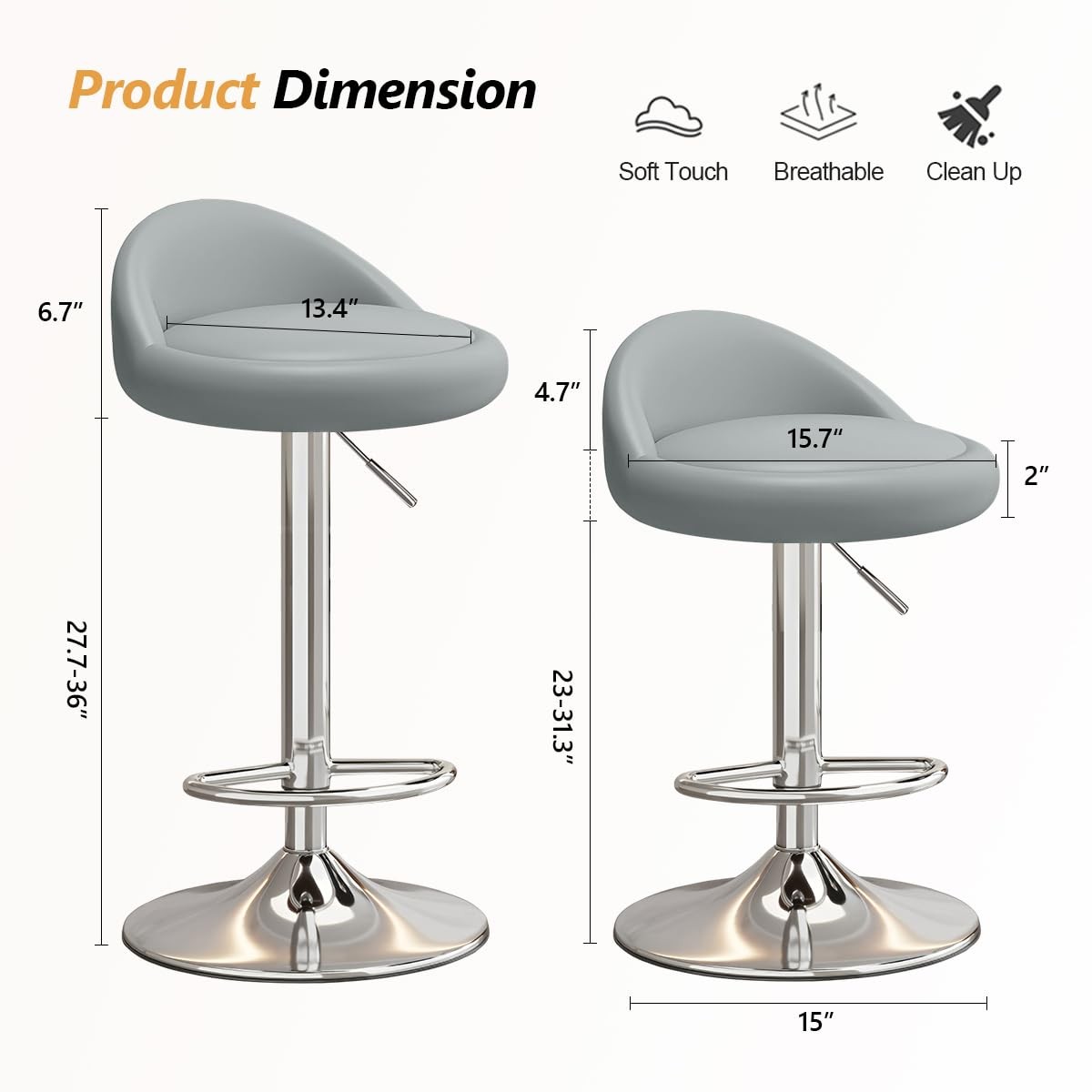 Bar Stools Set of 2, PU Leather Swivel Adjustable Bar Chairs with Low Back