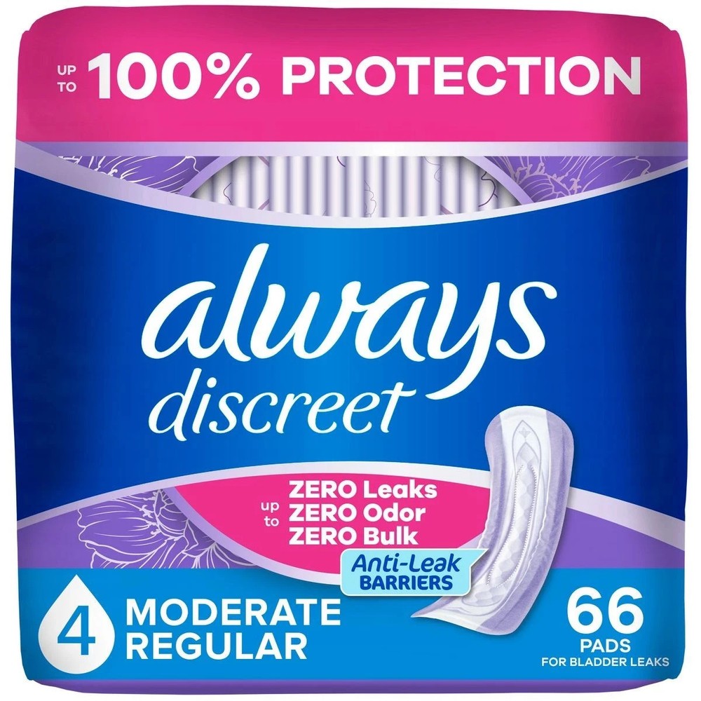 Always Discreet Incontinence Pads Moderate Absorbency, Regular Length 66 ct ✅