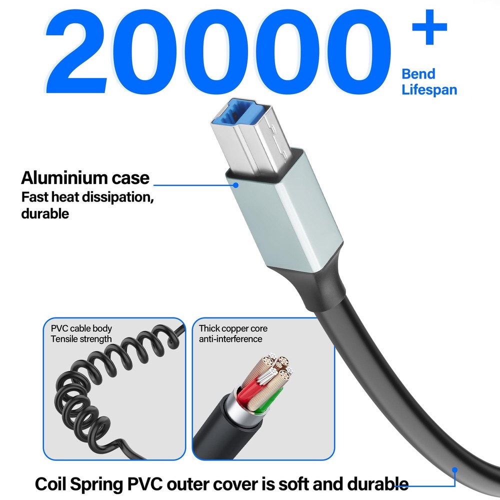 Coiled USB A to USB B 3.0 Cable Type A to Type B Printer USB Cable 5Gbps USB ...