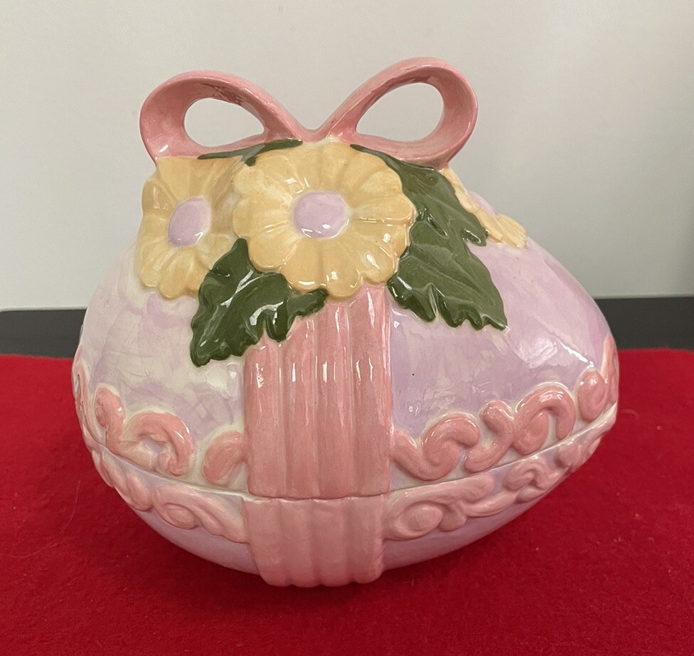 2 Piece Easter Egg Trinket Holder w/Bow Ceramic