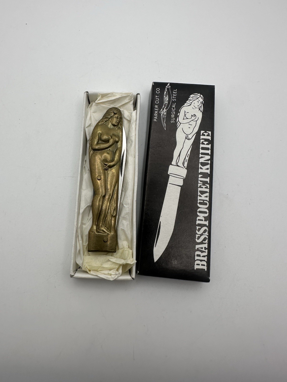 SMALL Vintage Parker Cut Co Pocket Knife Brass Nude Lady Figure JAPAN NOVELTY