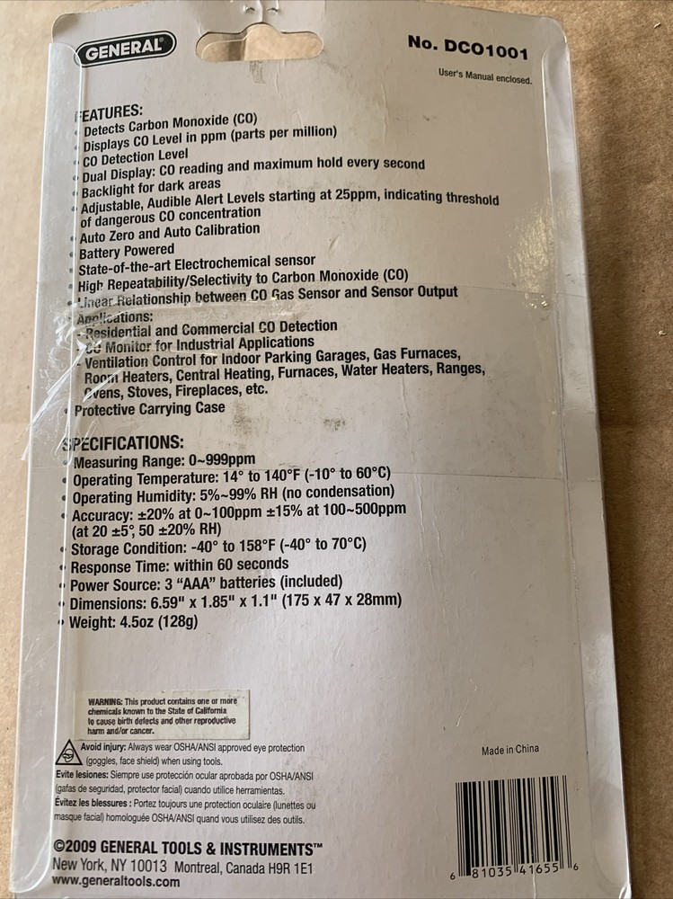 General Tools DCO1001 Carbon Monoxide Detector Meter - New