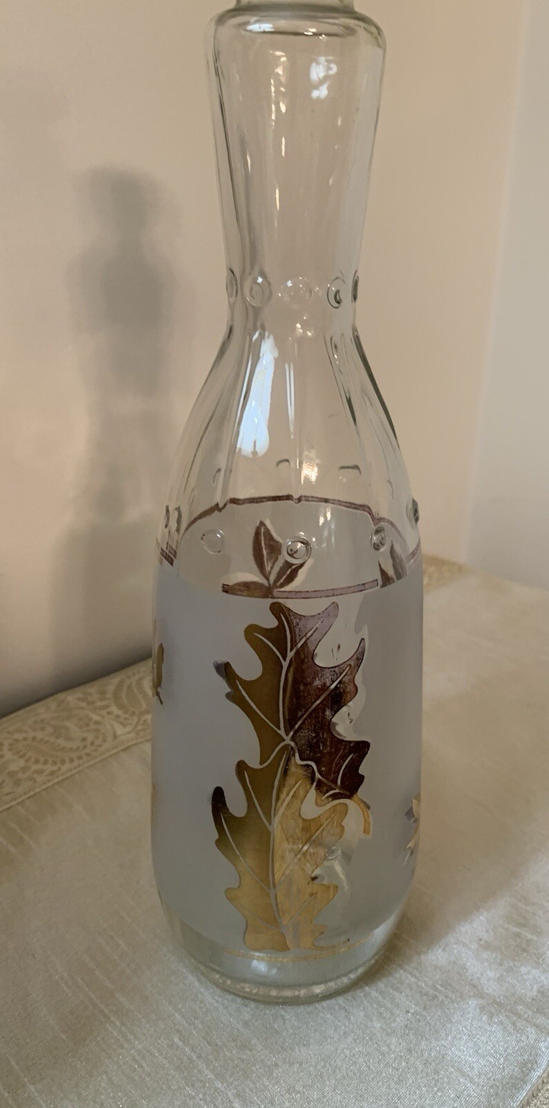 Vintage Libbey Frosted White with Gold Leaves Bottle/Decanter 12” Tall 3” High